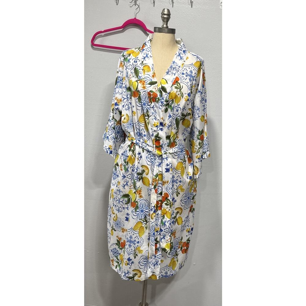 Johnny Was White Satin Floral & Lemon Print Robe. Run large
